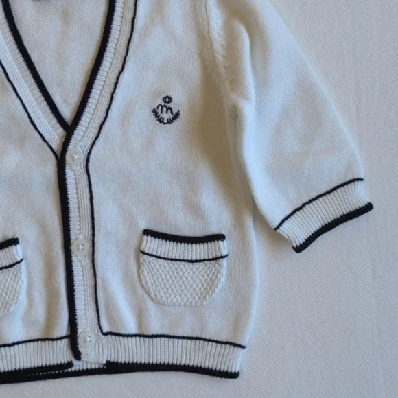 mayoral preppy white cotton knit cardigan sweater with navy trim 1-2 months baby - Picture 3 of 7